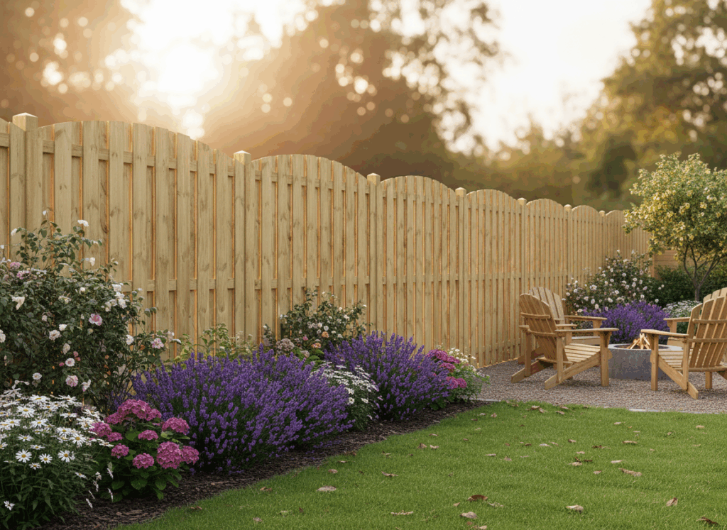 Ein gepflegter Garten mit einem hohen Holzzaun, der das Gelände abgrenzt. Vor dem Zaun blühen verschiedene Blumen in Weiß, Rosa und Lila. Das Bild zeigt auch zwei Holzstühle um eine Feuerstelle herum. Die Abendsonne scheint durch die Bäume im Hintergrund.