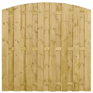 Holzzaunelement mit einer gewölbten Oberkante, bestehend aus senkrechten Brettern in natürlicher Holzfarbe.
