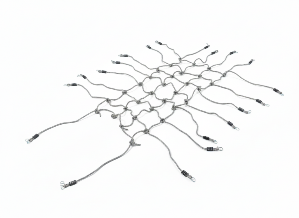 Ein elastisches Gepäcknetz aus schwarzen und grauen Schnüren mit Haken an den Enden.