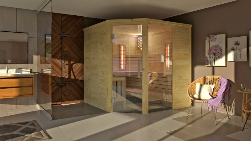 Moderne Sauna mit Holzverkleidung in einem eleganten Badezimmer, daneben ein Stuhl mit lila Decke.