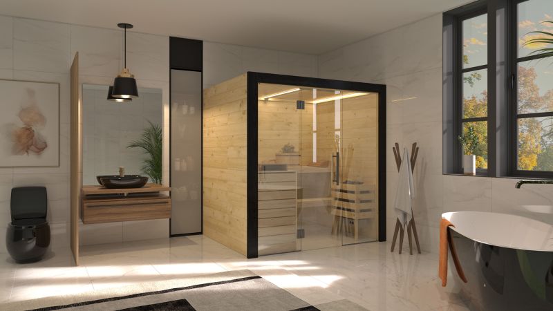 Modernes Badezimmer mit einer Holzsauna, freistehender Badewanne, Waschtisch und großem Fenster.