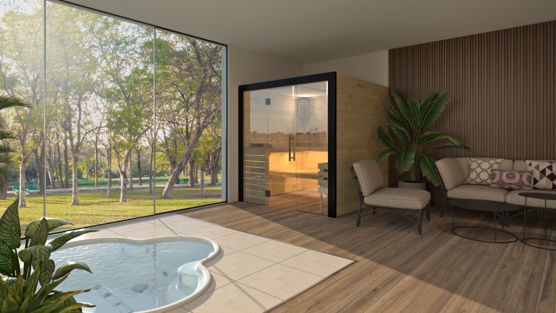 Ein moderner Raum mit Whirlpool, Sauna, gemütlichen Sitzmöbeln und Blick auf einen grünen Park durch große Fenster.