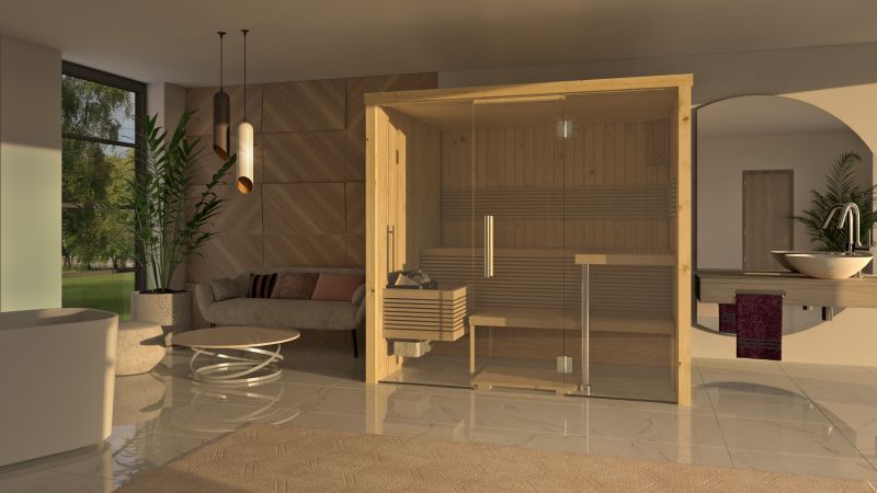Moderne Sauna in einem stilvollen Wohnzimmer mit großen Fenstern, Pflanzen und bequemen Möbeln.