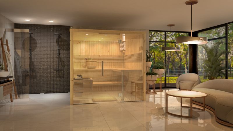 Ein modernes Wohnzimmer mit Sauna, eleganten Möbeln und großen Fenstern, die einen Blick auf einen Garten bieten.