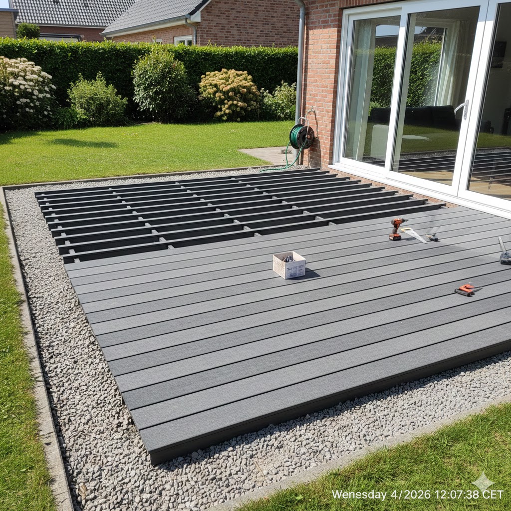 Halbfertige graue Terrasse im Garten eines Hauses, umgeben von Kies; Werkzeuge und Material liegen bereit.