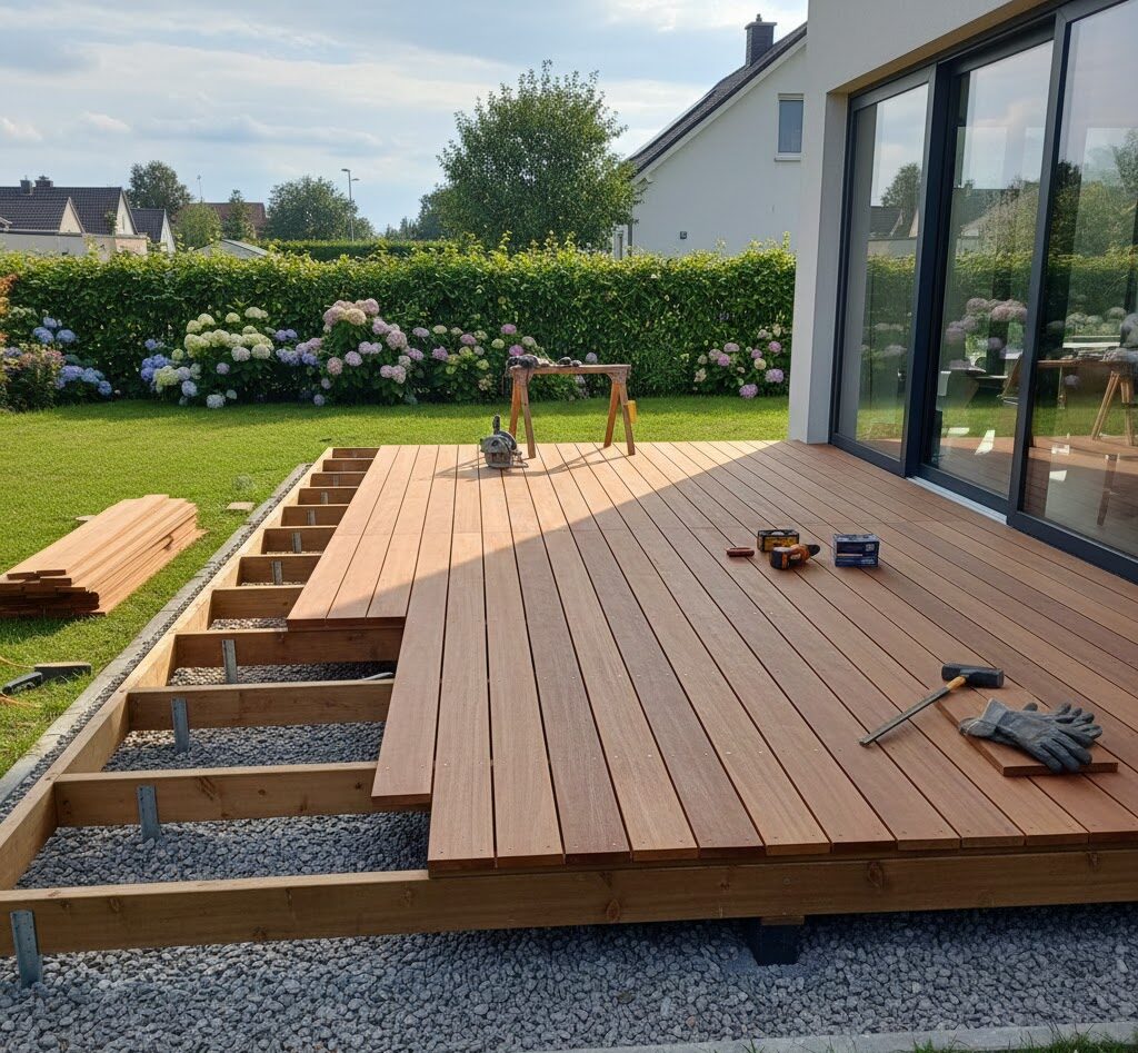 Holzterrasse im Bau mit Garten im Hintergrund; Werkzeuge und Bretter auf der Terrasse.