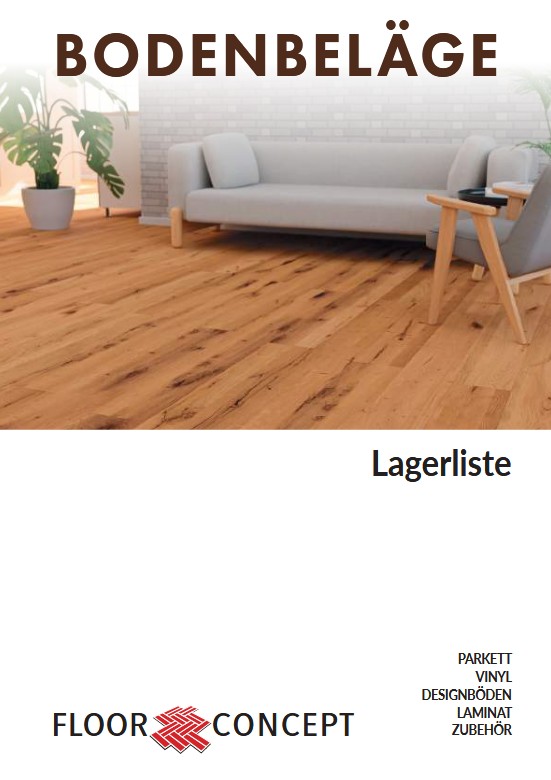 Werbung für Bodenbeläge mit einem Wohnzimmer, Holzboden und Sofa; Text: "Bodenbeläge" und "Lagerliste".