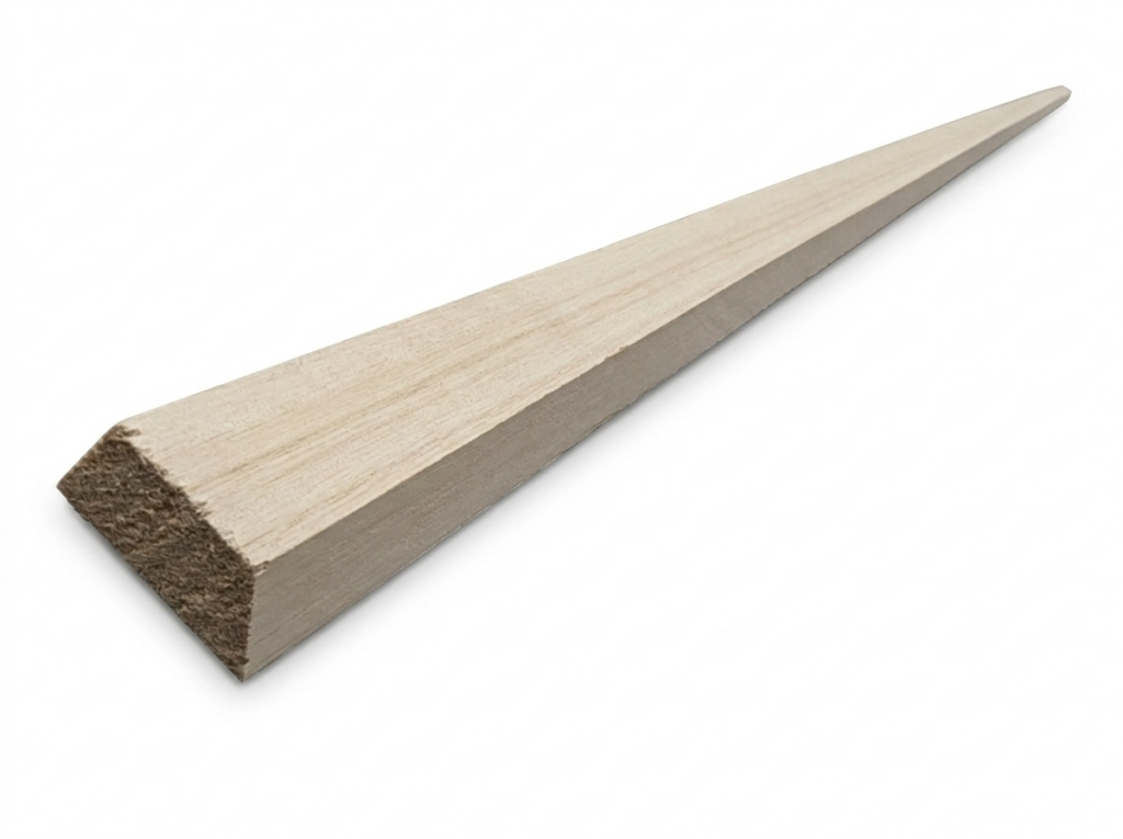 Eine lange Holzleiste mit einem dreieckigen Querschnitt auf weißem Hintergrund.