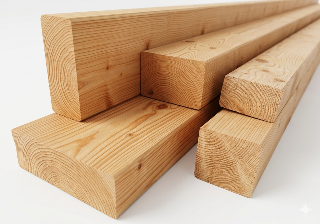 Fünf gestapelte Holzbalken mit sichtbarer Maserung auf weißem Hintergrund.