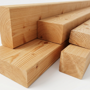 Fünf gestapelte Holzbalken mit sichtbarer Maserung auf weißem Hintergrund.