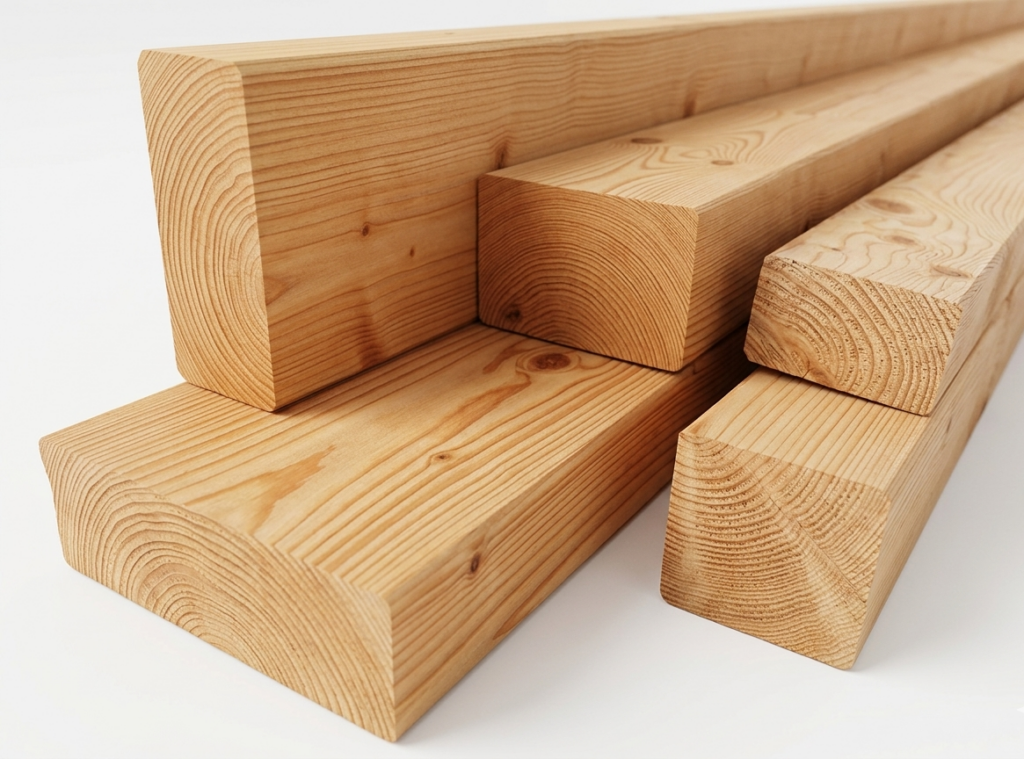 Fünf gestapelte Holzbalken mit sichtbarer Maserung auf weißem Hintergrund.