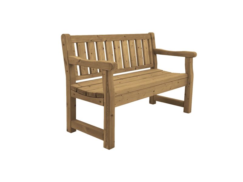 Holzbank mit Armlehnen und Rücklehne aus natürlichen Holzbrettern in einem schlichten Design.