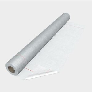 Eine Rolle mit einer halb ausgerollten weißen Folie, die rote Linien aufweist, auf einem hellen Hintergrund.